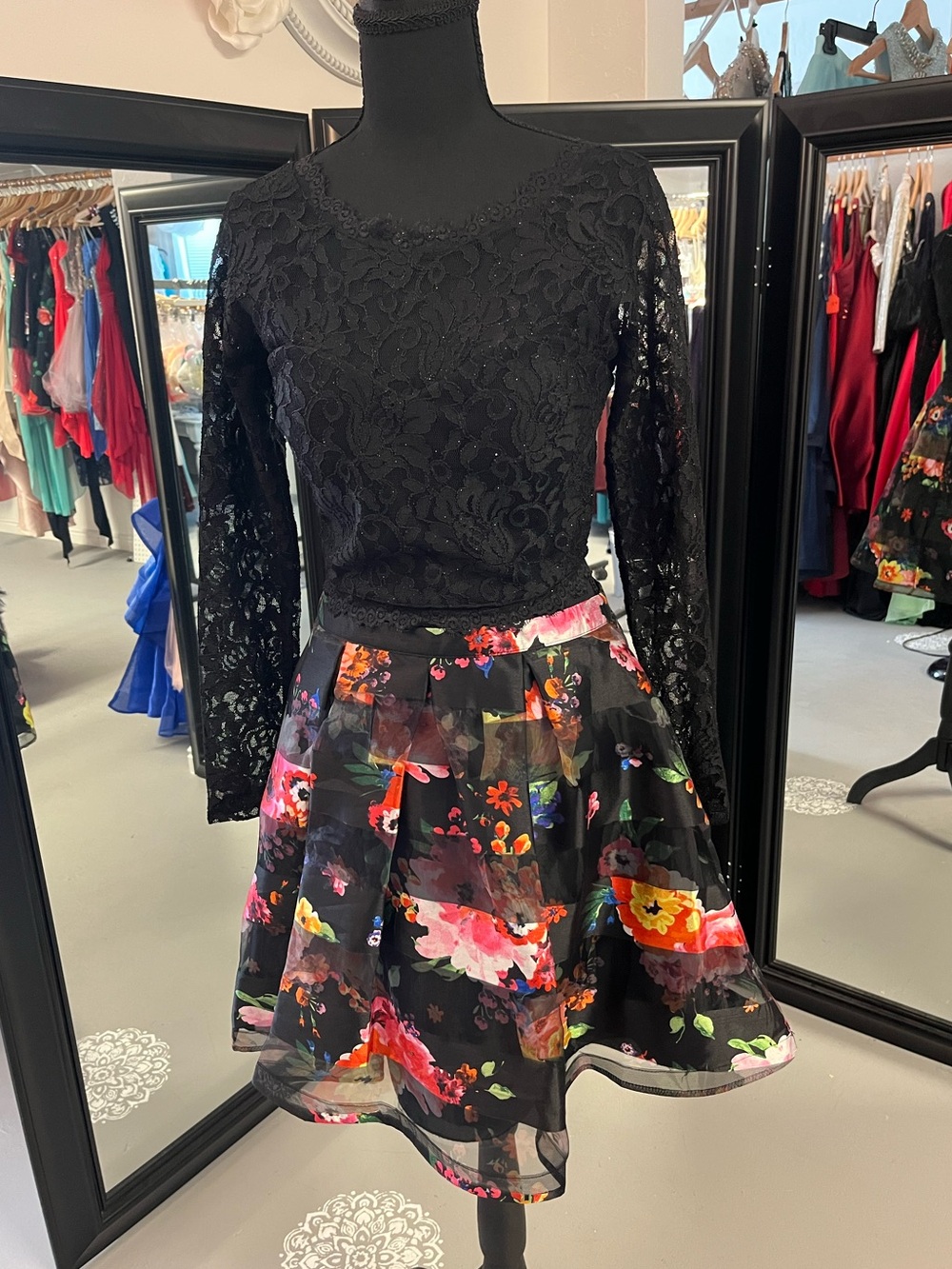 Sequin Hearts Black Lace Top with Multicolor Floral Skirt